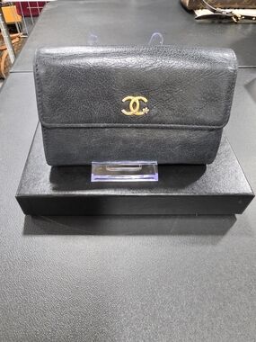 CHANEL Black Compact Flap Wallet W/Box